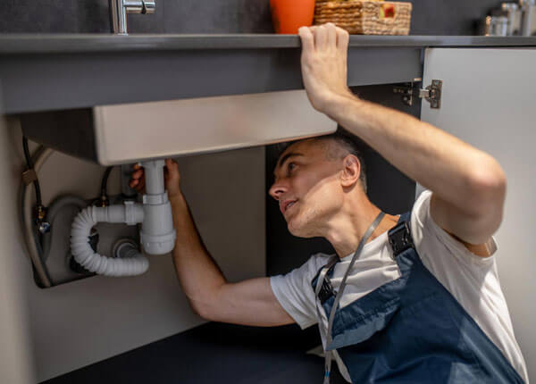 Plumber working under a sink