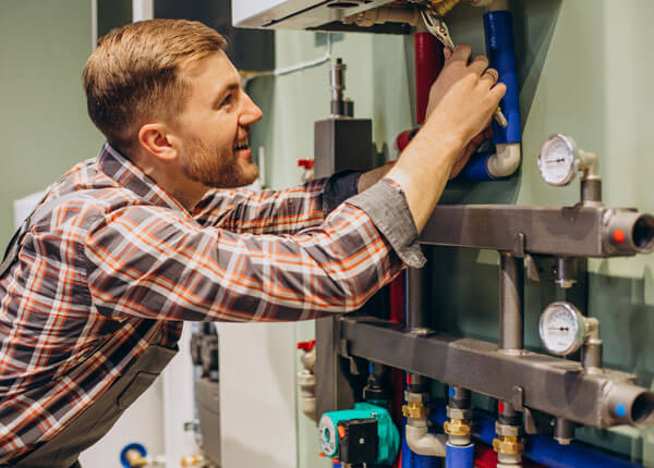Plumber working on water heating